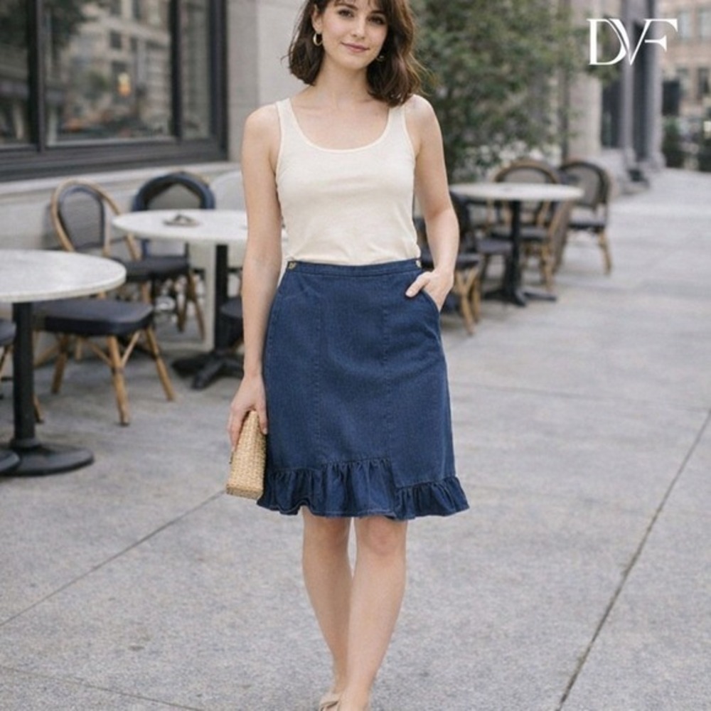 Diane von Furstenberg Denim Skirt‎ 10 Blue Ruffle Hem A-Line Knee Length